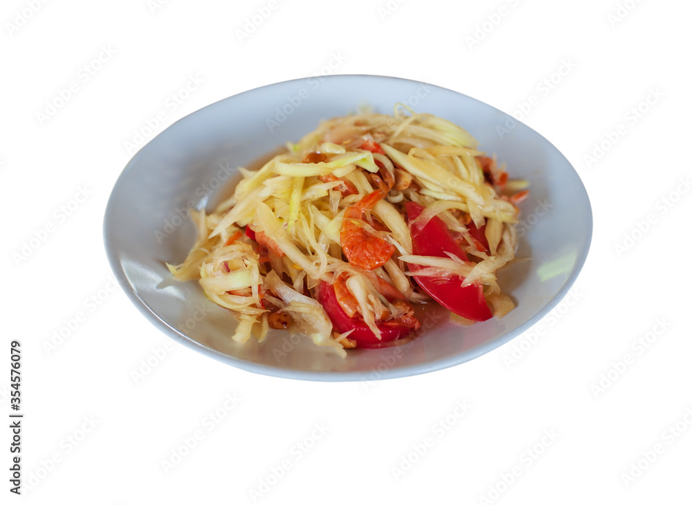 Spicy papaya salad on white dish, thai food, isolated on white  background with clipping path