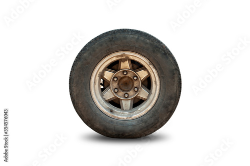 old Tires on alloy wheels Isolated silver aluminum on a white background with clipping path