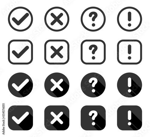 Buttons. Check mark and cross with question and exclamation signs, isolated. Signs collection in circle and square in flat style for web design. Vector illustration