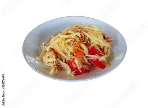 Spicy papaya salad on white dish, thai food, isolated on white  background with clipping path