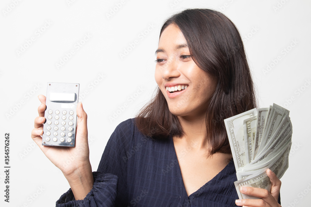 Portrait of young asian woman showing bunch of money banknotes. Portrait of young asian woman showing bunch of money banknotes.