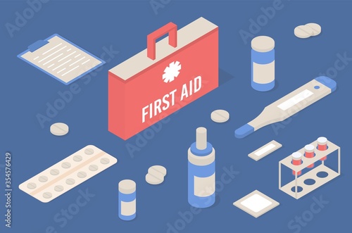 First aid kit box with medical equipment isomertic icons.