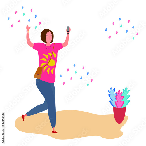  Trendy hipster with girl blogger phone events on a colorful background for lifestyle design. woman blesses party events on her blog. Digital communication. Cartoon vector flat illustration.