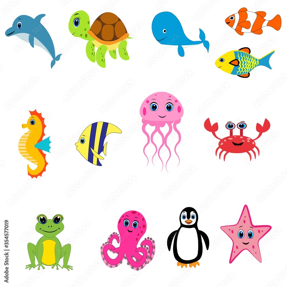 Obraz premium Cute animals set illustration, vector collection: farm animals,sea animals wild animals,