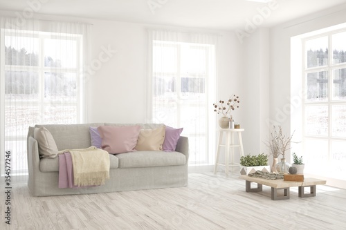 White living room with sofa and winter landscape in window. Scandinavian interior design. 3D illustration