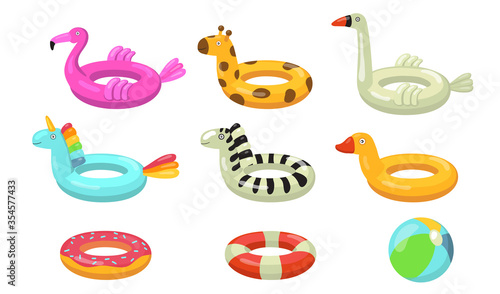 Swimming rings flat icon set. Cartoon rubber floating lifesaver in form of donuts, flamingo, duck or animal isolated vector illustration collection. Summer, water and swimming pool concept