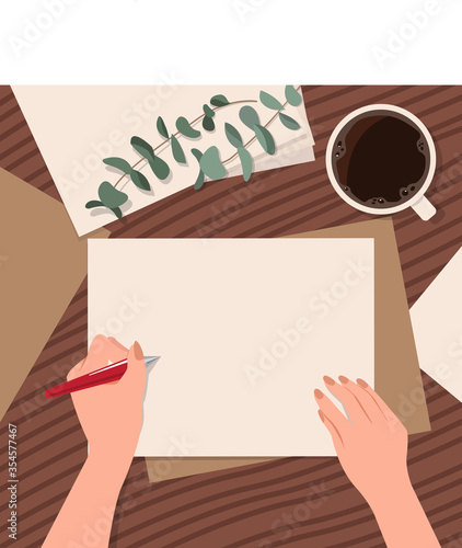 Blank template paper on desk with hand holding a ballpoint to write. Happy international left hander's day. Office desk situation. Flat style vector background.