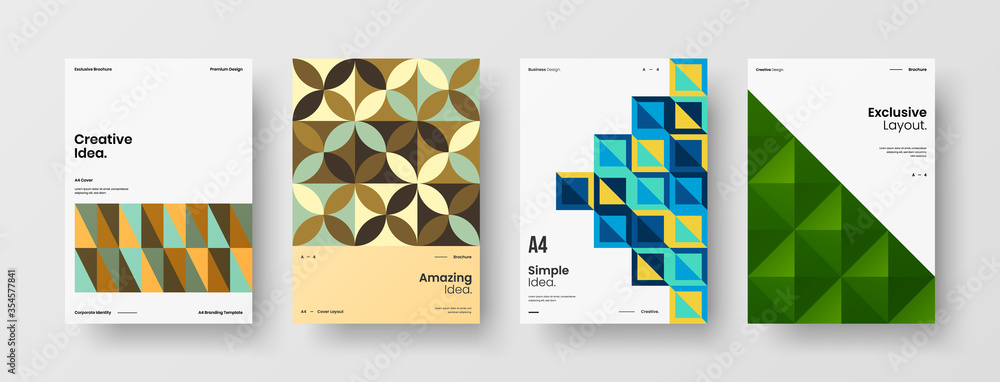 Naklejka premium Company identity brochure template collection. Business presentation vector A4 vertical orientation front page mock up set. Corporate report cover abstract geometric illustration design layout bundle.