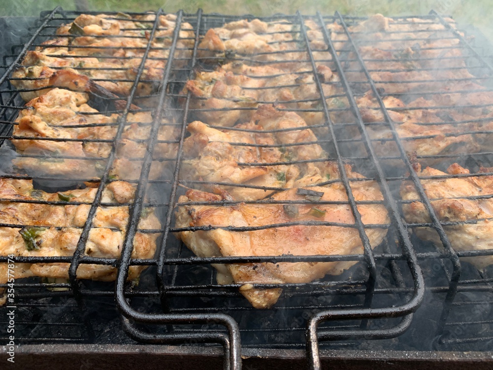 Fried chicken steak. Picnic in nature, poultry cooked at the stake. Juicy marinated steaks on the grill.