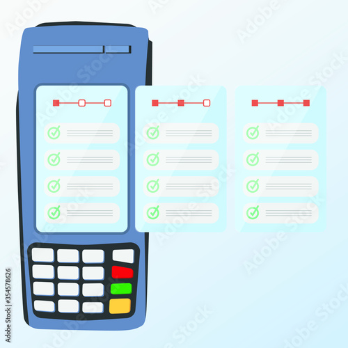 Dataphone to explain steps in a screen. blue template. Pantalla del datáfono para explicar pasos.