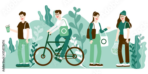 Flat style vector illustration. Eco friendly concept. Environment caring lifestyle. Happy young men and women using tote bags, mesh grocery bag, bicycle and reusable bottle on green nature bg.