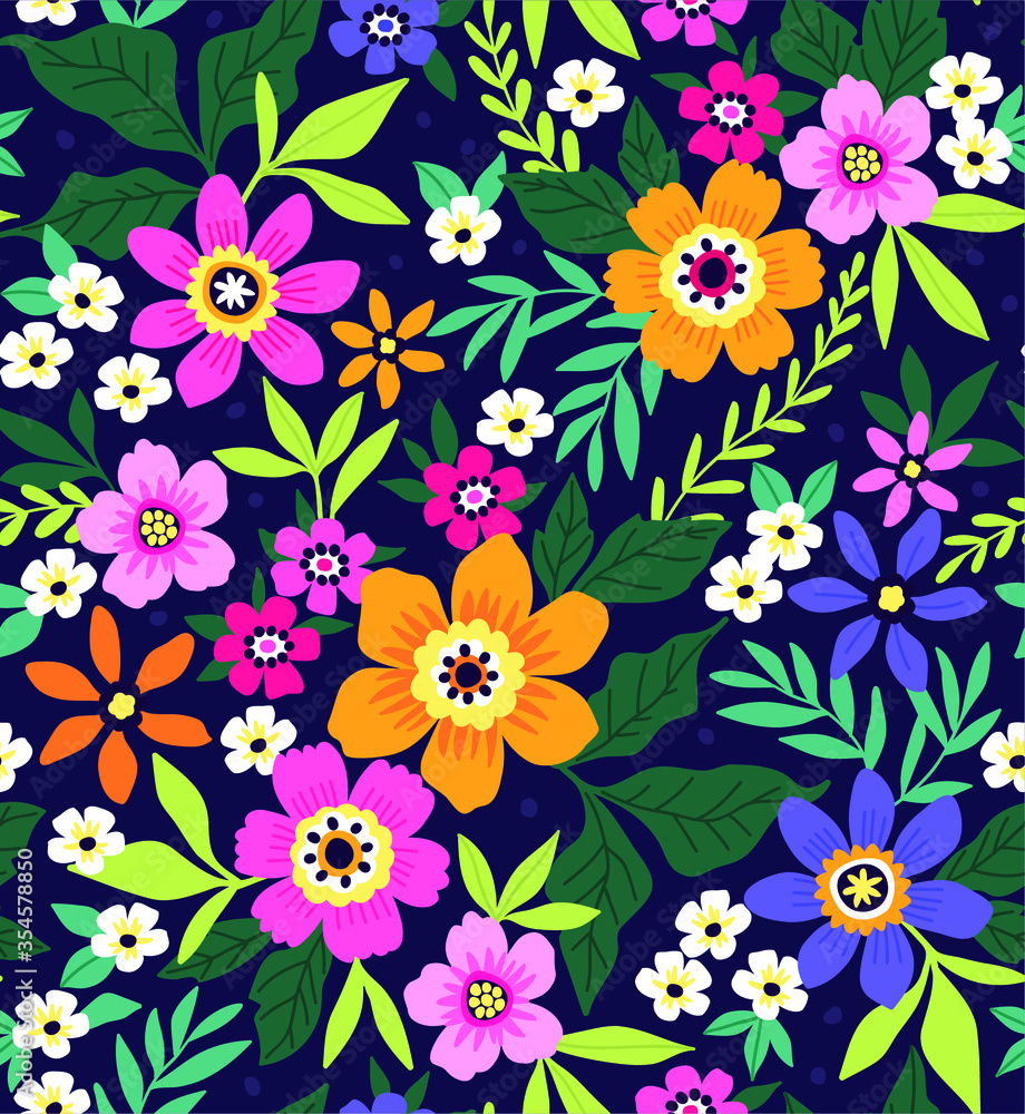 Simple cute pattern in small multi colored flowers on dark blue background. Liberty style. Ditsy print. Floral seamless background. The elegant the template for fashion prints.