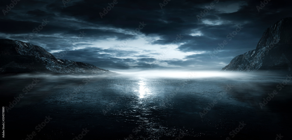 Obraz premium Modern futuristic fantasy night landscape with abstract islands and night sky with space galaxies. Multicolor neon glow. Reflection of light in water, stars. Empty scene, landscape.