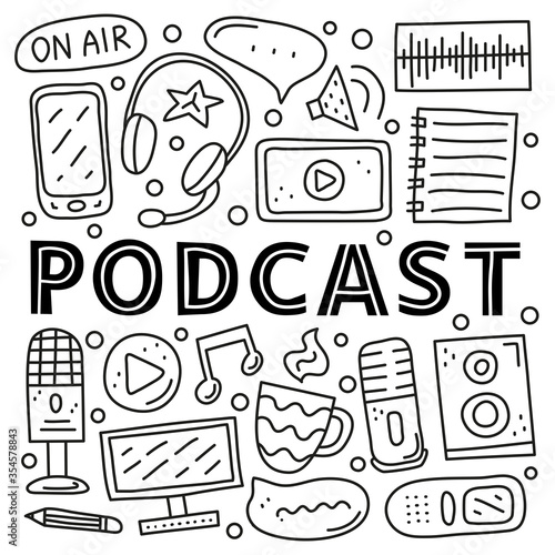 Poster with lettering and doodle outline podcast icons.