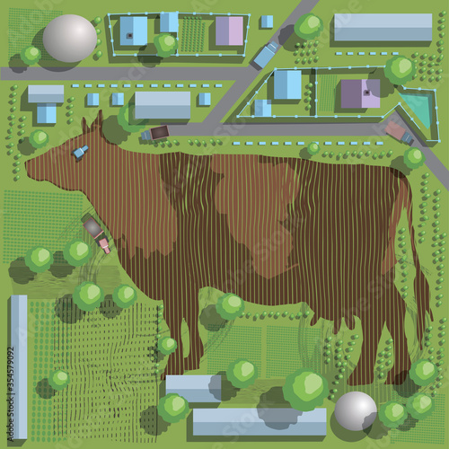 Farm in the shape of a cow. Top view.