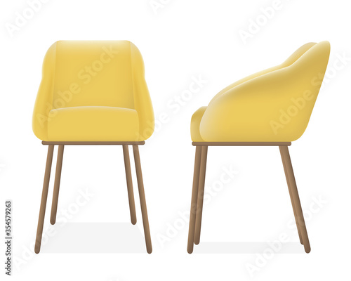 Soft comfortable modern yellow armchair or chair isolated on white background. Front and side view of the chair