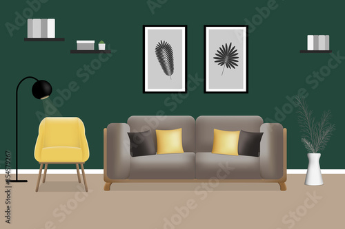 Cozy modern  living room interior with a sofa and a yellow armchair
