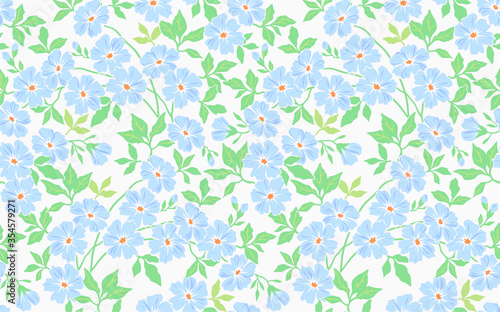 Cute floral pattern in the small flower. Seamless vector texture. Elegant template for fashion prints. Printing with small light blue flowers. White background.