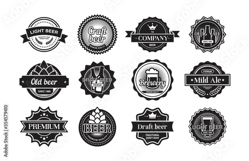 Beer logos set. Monochrome brewery badges and emblems design. Flat vector illustration in vintage style for old bars and pubs concepts