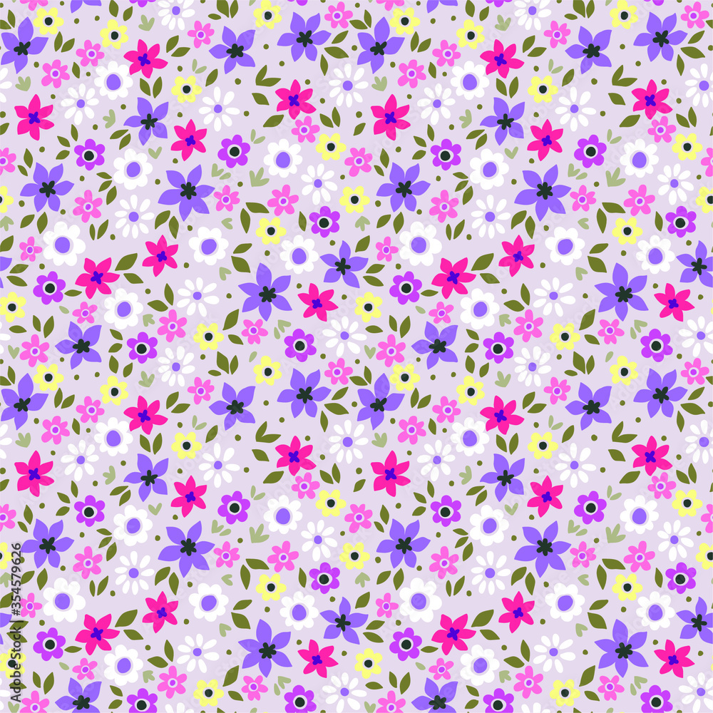 Vintage floral background. Seamless vector pattern for design and fashion prints. Flowers pattern with small lilac and pink flowers on a light background. Ditsy style.