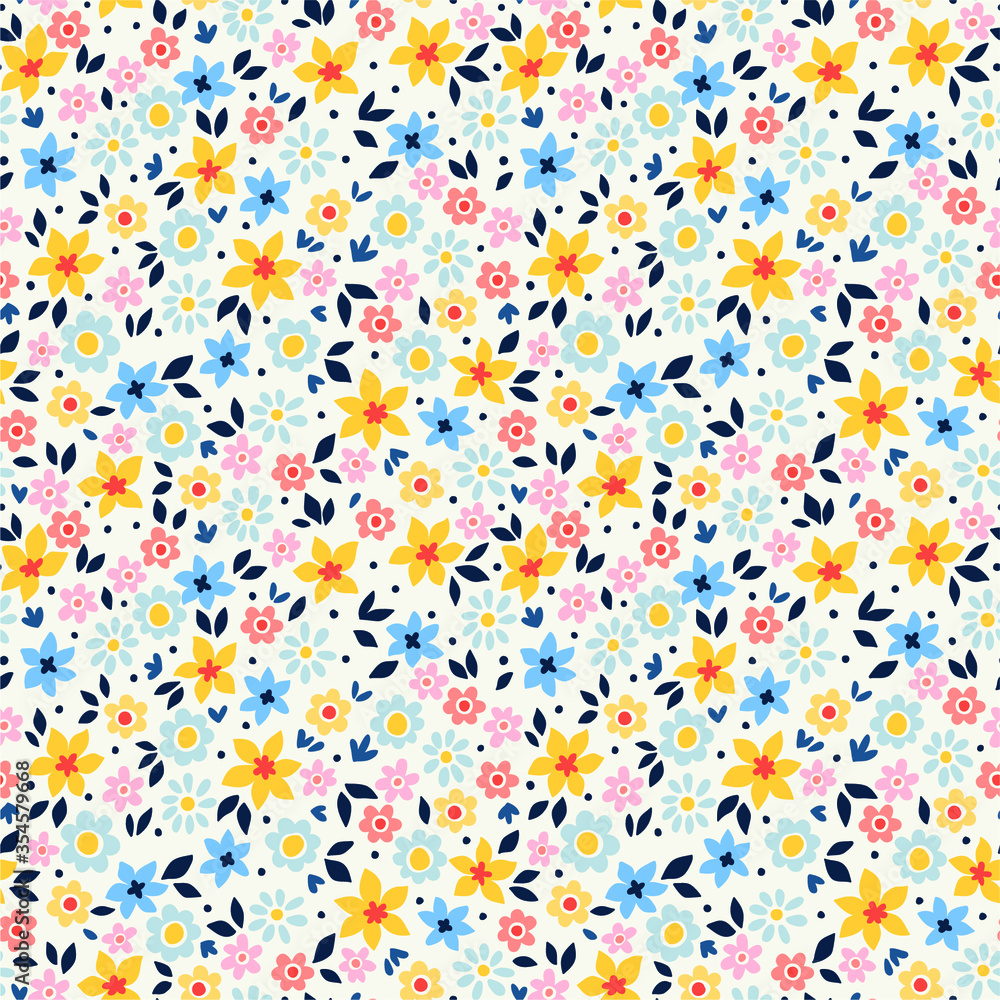 Simple cute pattern in small colorful flowers on white background. Liberty style. Ditsy print. Floral seamless background. The elegant the template for fashion prints.