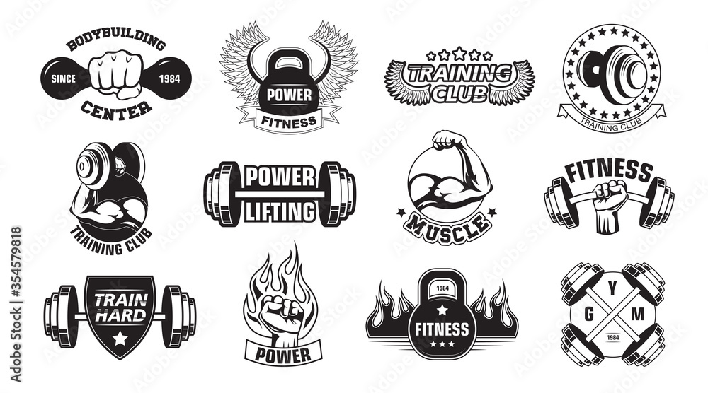 Gym retro logos set. Monochrome bodybuilders club emblems and stamps with  barbells, fists and fire. Flat vector illustration for aggressive style for  bodybuilding, fitness, body training concepts Stock Vector | Adobe Stock