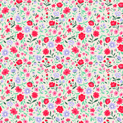 Keuken achterwand Kleine bloemen patronen Simple cute pattern in small pink, lilac and red and flowers on white green background. Liberty style. Ditsy print. Floral seamless background. The elegant the template for fashion prints.  © ann_and_pen