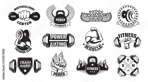 Gym retro logos set. Monochrome bodybuilders club emblems and stamps with barbells, fists and fire. Flat vector illustration for aggressive style for bodybuilding, fitness, body training concepts