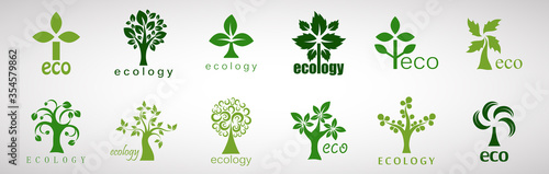 Collection Of Eco Tree And Organic Logo Set - Isolated On White Background - Vector. Eco And Organic Logo Useful For Tree Icon, Ecology Logo, Eco Symbol And Template Design. Ecology Tree Icons