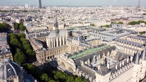 Aerial backward of Ile de la Citè in Paris and cityscape panoramic view photo