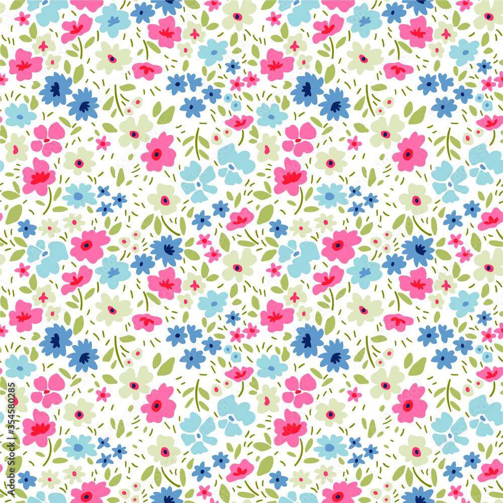 Simple cute pattern in small pink and light blue flowers on white background. Liberty style. Ditsy print. Floral seamless background. The elegant the template for fashion prints. Simple cute pattern in small pink and light blue flowers on white background. Liberty style. Ditsy print. Floral seamless background. The elegant the template for fashion prints.