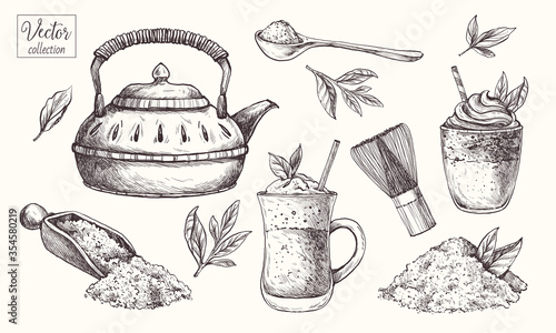 Matcha. Organic tea Matcha powder with Japanese tools. Vector Hand Drawn. Sketch Botanical Illustration. 
