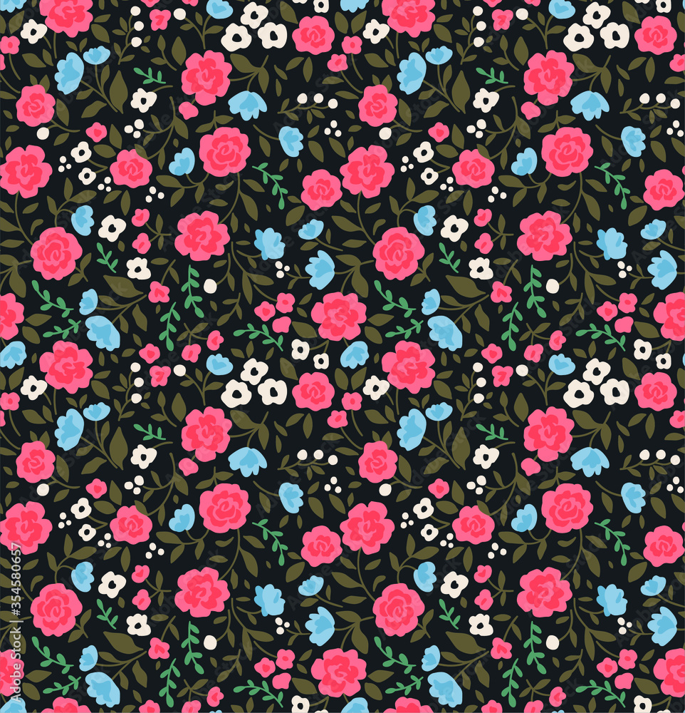 Cute floral pattern in the small flower. Ditsy print. Seamless vector texture. Elegant template for fashion prints. Printing with small pink and light blue flowers. Black background.