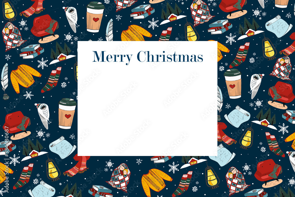 Merry Christmas winter card. Repeating elements: an owl in a hat, a knitted scarf, a warm sweater, a cozy armchair, a couple in a plaid, chalet, snow, books, a lamp, a fountain pen, a letter. Merry Christmas winter card. Repeating elements: an owl in a hat, a knitted scarf, a warm sweater, a cozy armchair, a couple in a plaid, chalet, snow, books, a lamp, a fountain pen, a letter.