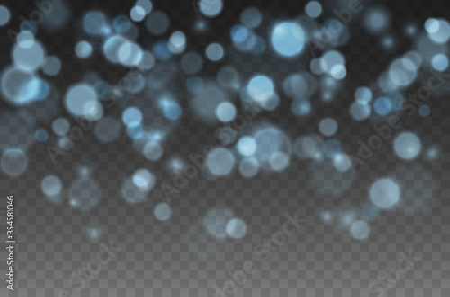 Bokeh lights effect isolated on transparent background. Vector Christmas glowing blue overlay sparkle texture