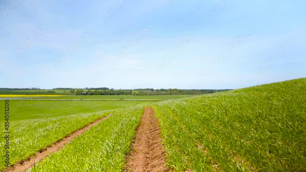 Climbing a hill with green grass you will see the landscape of the fields of Latvia. Highway with cars. Warm spring sunny day Climbing a hill with green grass you will see the landscape of the fields of Latvia. Highway with cars. Warm spring sunny day