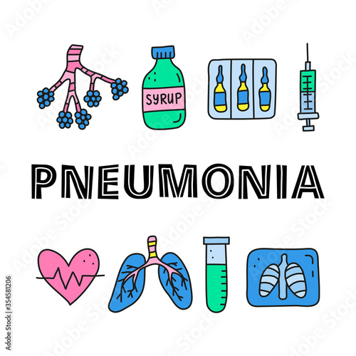 Poster with lettering and doodle colored pneumonia icons including alveoli, lungs, x-ray, cough syrup, heart, vaccine ampoules, test tube, syringe isolated on white background.
