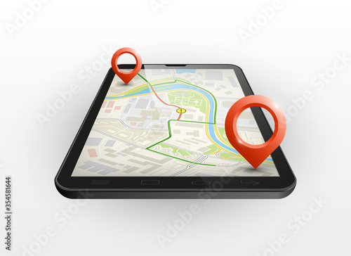 City map route delivery navigation smartphone, phone point marker, drawing schema, simple city plan GPS navigation tablet, itinerary destination arrow paper city map Route delivery check point graphic
