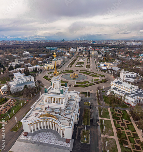 The territory of the exhibition of achievements of the national economy, VDNH, non-working fountains and an empty city park, Moscow during quarantine, aerial photography