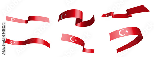 Set of holiday ribbons. Flag of Turkey waving in the wind. Separation into lower and upper layers. Design element. Vector on a white background