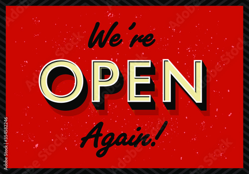 Open again after quarantine, vector illustration of small business owner welcoming customers, information re-opening of shop, service, cafe, restaurant, barbershop are working again