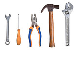 Set of tool many mechanical tools . wrench . Slotted screwdriver . Plier , old hammer on white background isolated.