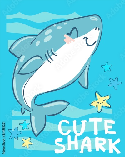 Hand drawn cute shark on a white background vector illustration. Sketch fish sea. Childish print design for fabric, t-shirts, poster, background.