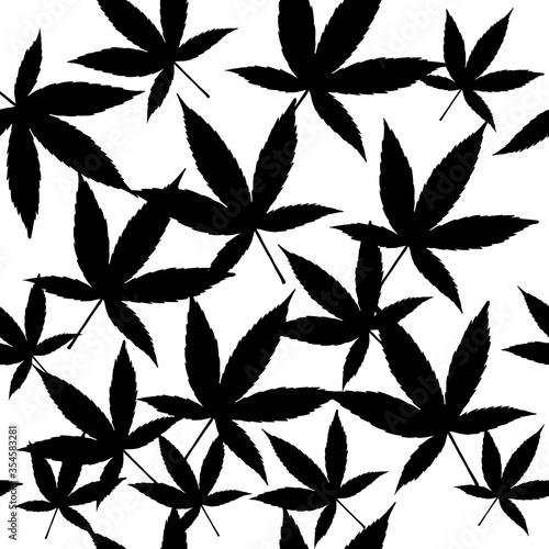 Hand drawn sketch illustration with leaves cannabis silhouette seamless pattern on a white background. Black and white