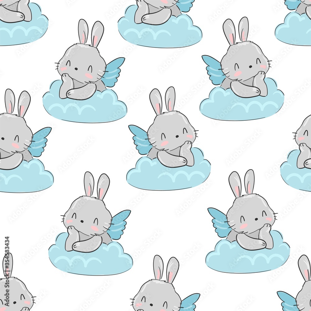 Cute hand drawn Bunny sitting on a cloud pattern seamless. Print for children's textiles, poster design, nursery. Fluffy rabbit tail. Vector illustration stock. Cute hand drawn Bunny sitting on a cloud pattern seamless. Print for children's textiles, poster design, nursery. Fluffy rabbit tail. Vector illustration stock.