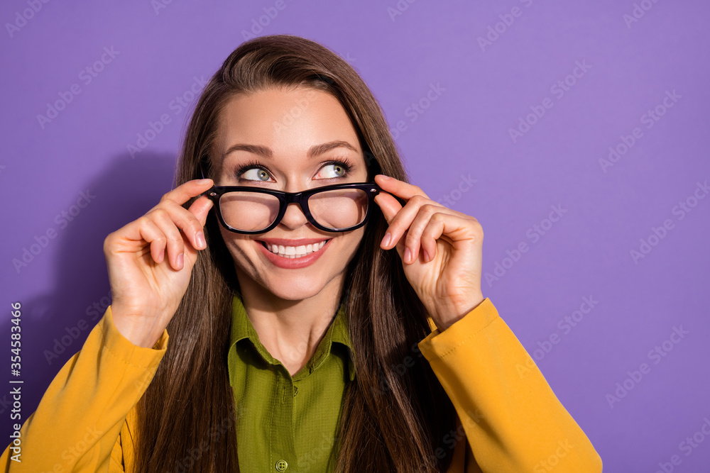 Close up photo of inspired collar marketer look copyspace eyewear eyeglasses think thoughts plan future start-up success wear yellow blazer jacket isolated violet color background Close up photo of inspired collar marketer look copyspace eyewear eyeglasses think thoughts plan future start-up success wear yellow blazer jacket isolated violet color background