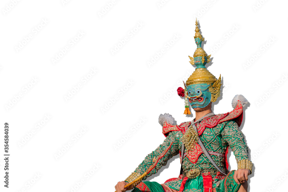 Ramayana khon is the performance arts dance and culture of Thailand. name tossakan  on white background isolated.