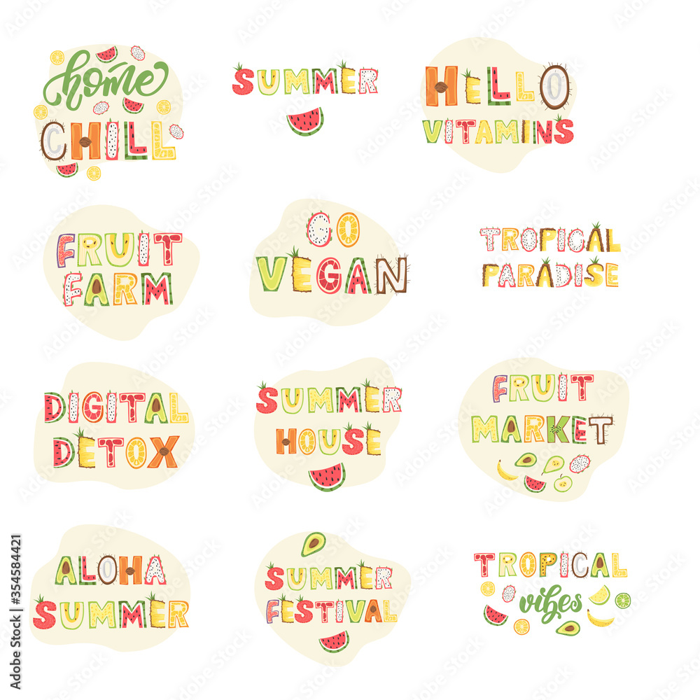 Set of fruit lettering labels. Vector illustration.