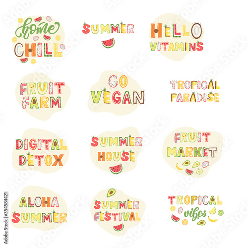 Set of fruit lettering labels. Vector illustration.