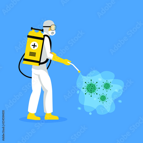 Man in hazmat suit cleaning Coronavirus isolated on blue background